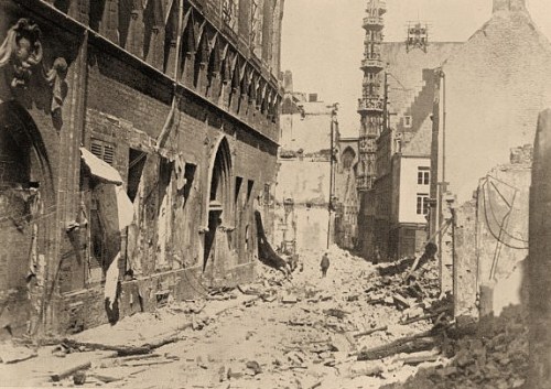 Photograph shows a library which was damaged during World War I, Louvain, Belgium 